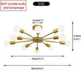 Gold sputnik chandelier with dimensions labeled on a white background